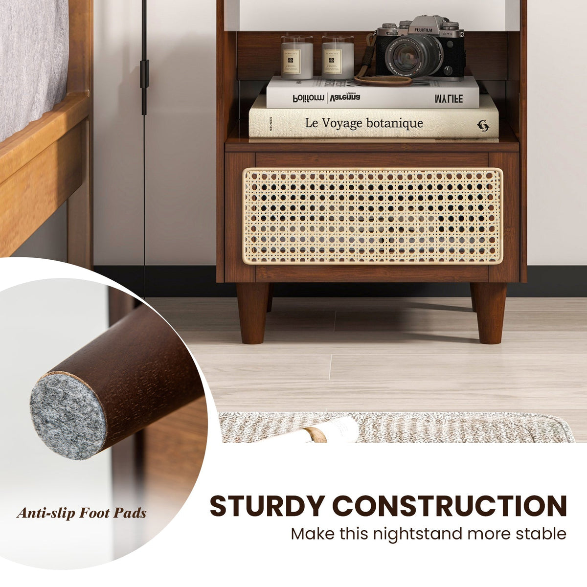 Bamboo Rattan Nightstand with Drawer and Solid Wood Legs