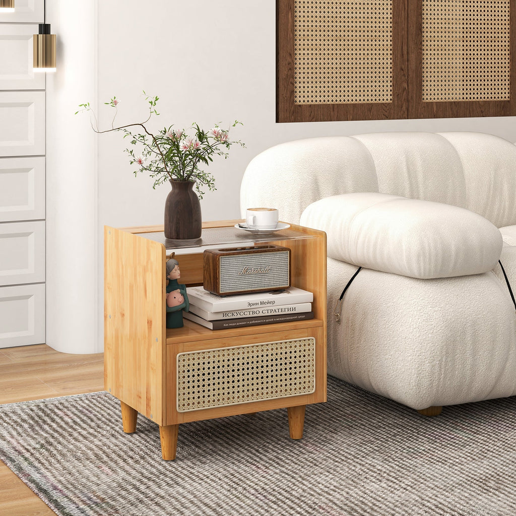 Bamboo Rattan Nightstand with Drawer and Solid Wood Legs