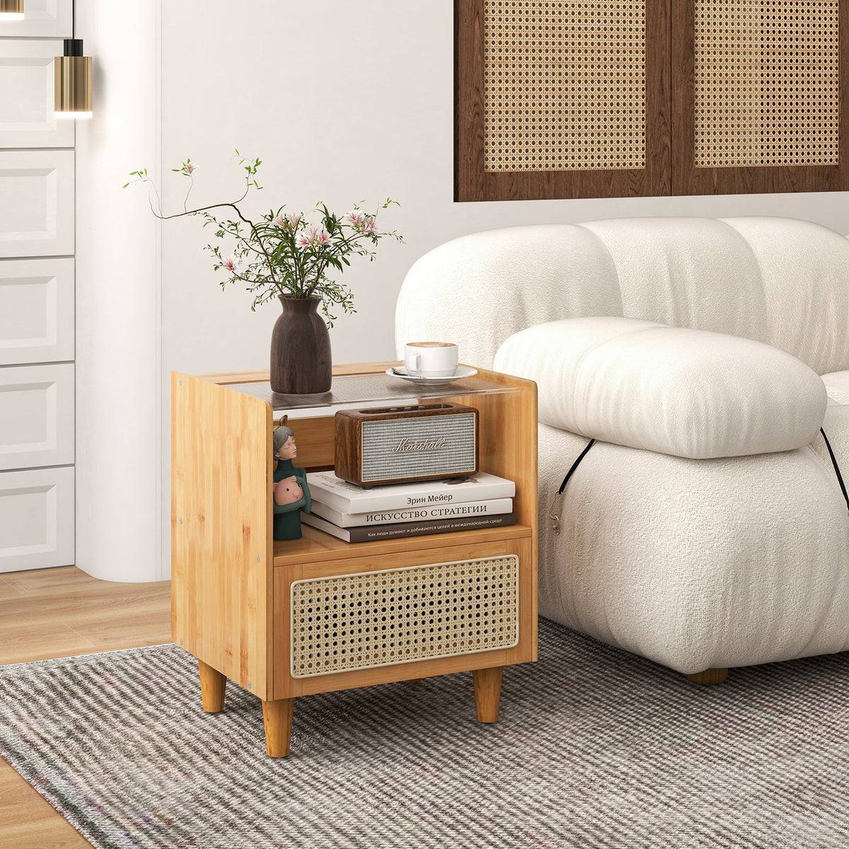 Bamboo Rattan Nightstand with Drawer and Solid Wood Legs