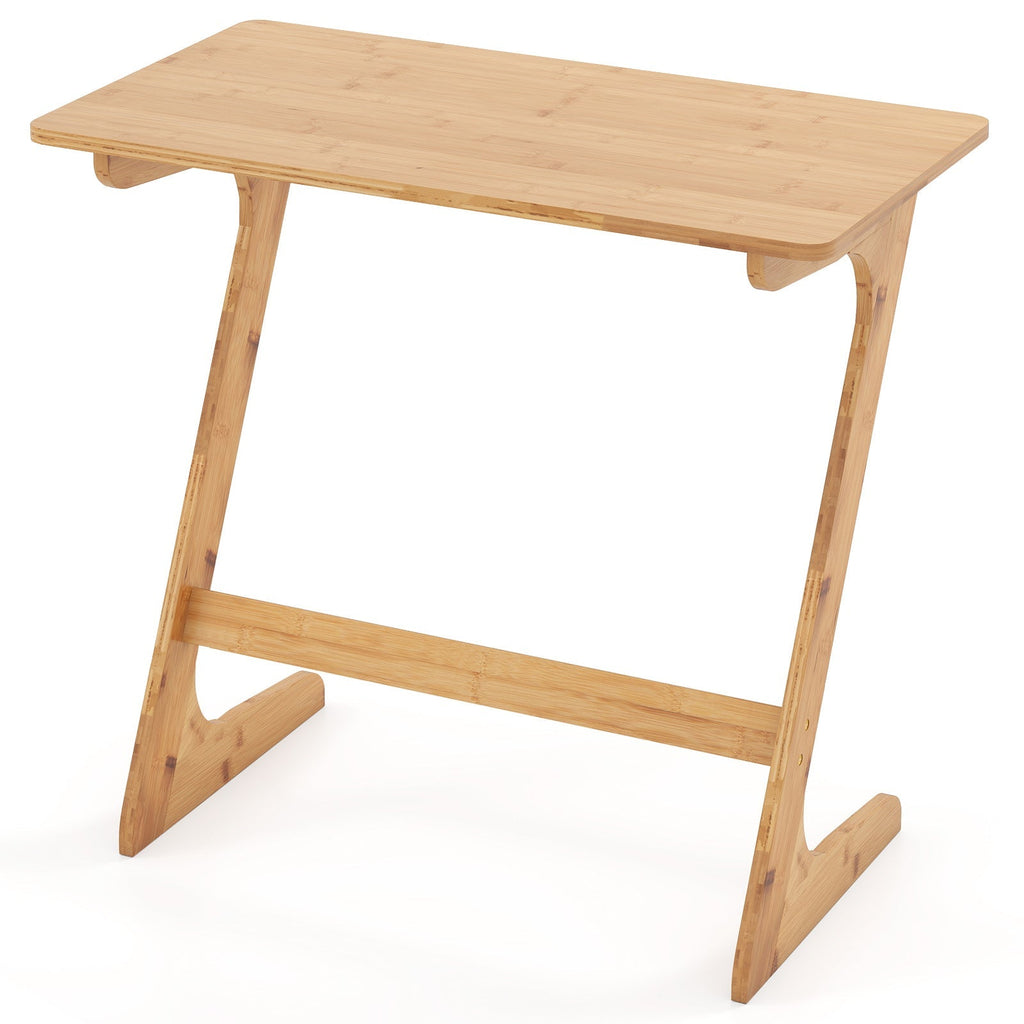 Bamboo Z-Shaped Spacious Sofa Side Table with Space-Saving Tabletop