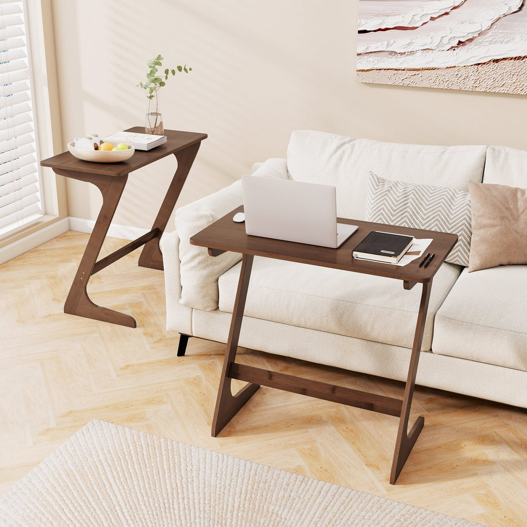Bamboo Z-Shaped Spacious Sofa Side Table with Space-Saving Tabletop
