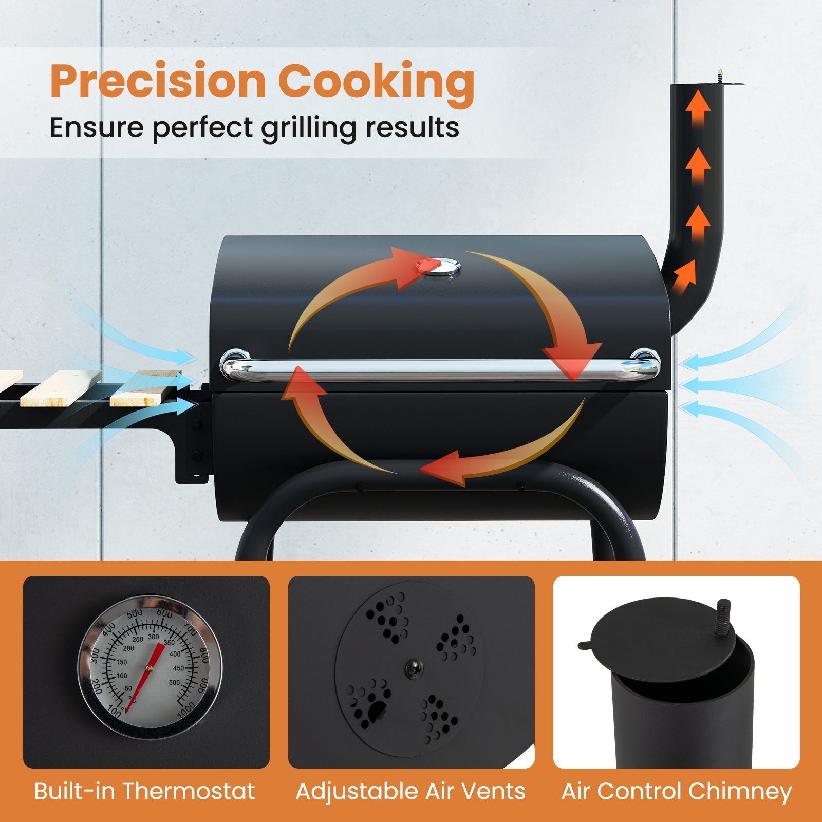 Barrel Charcoal Grill with Foldable Side Table and Thermostat-Black