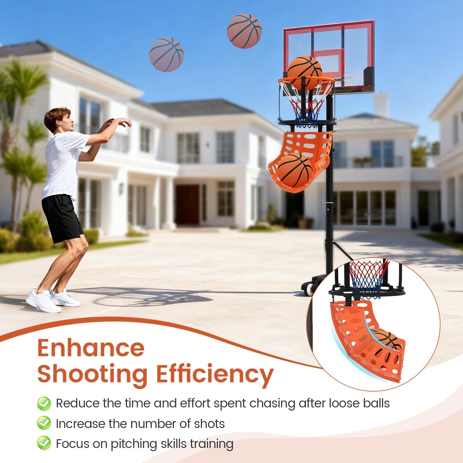 Basketball Return Attachment with 4 Tool-Free Detachable Hooks (Fit 18 Inch Rims)