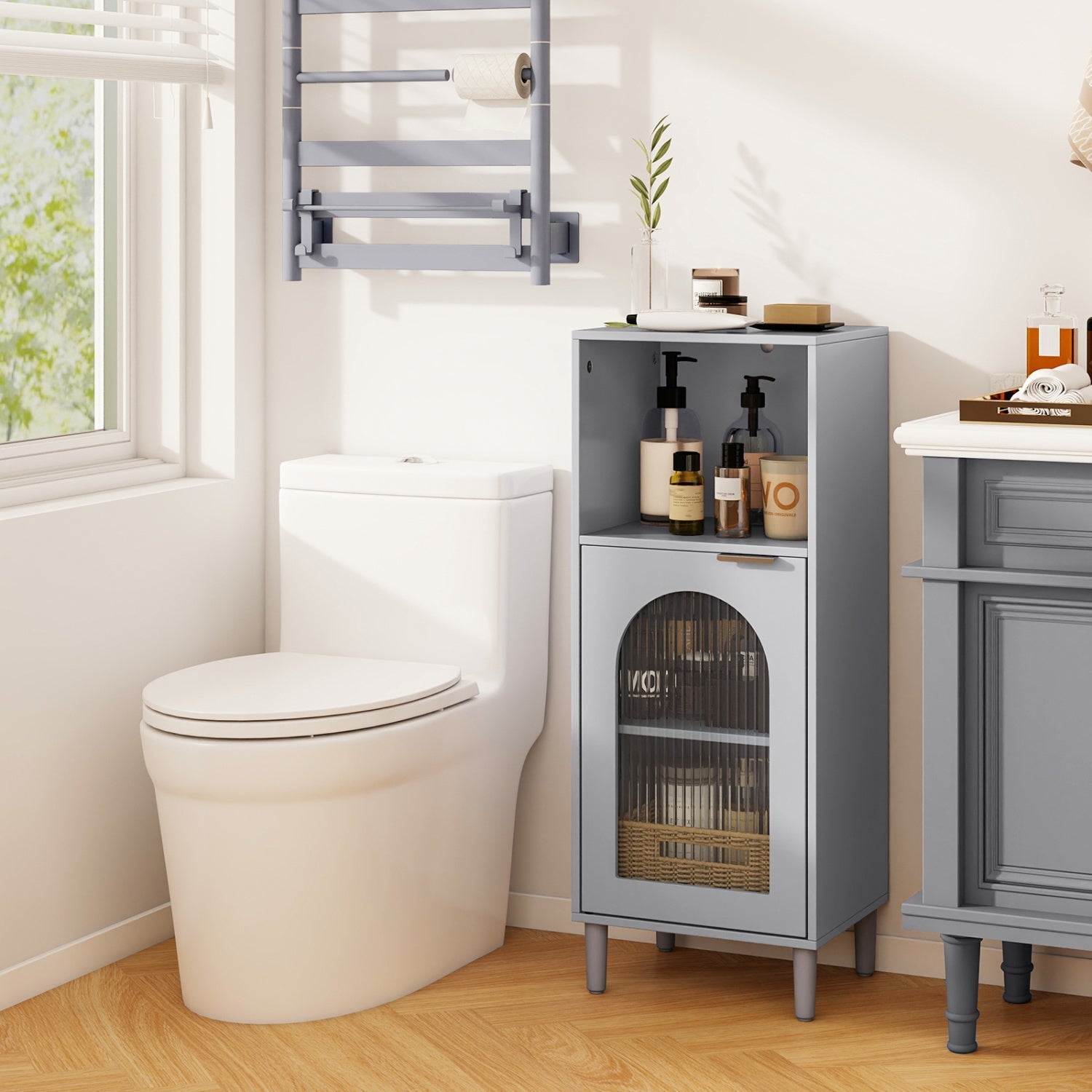 Bathroom Floor Cabinet with Adjustable Shelf and Glass Door