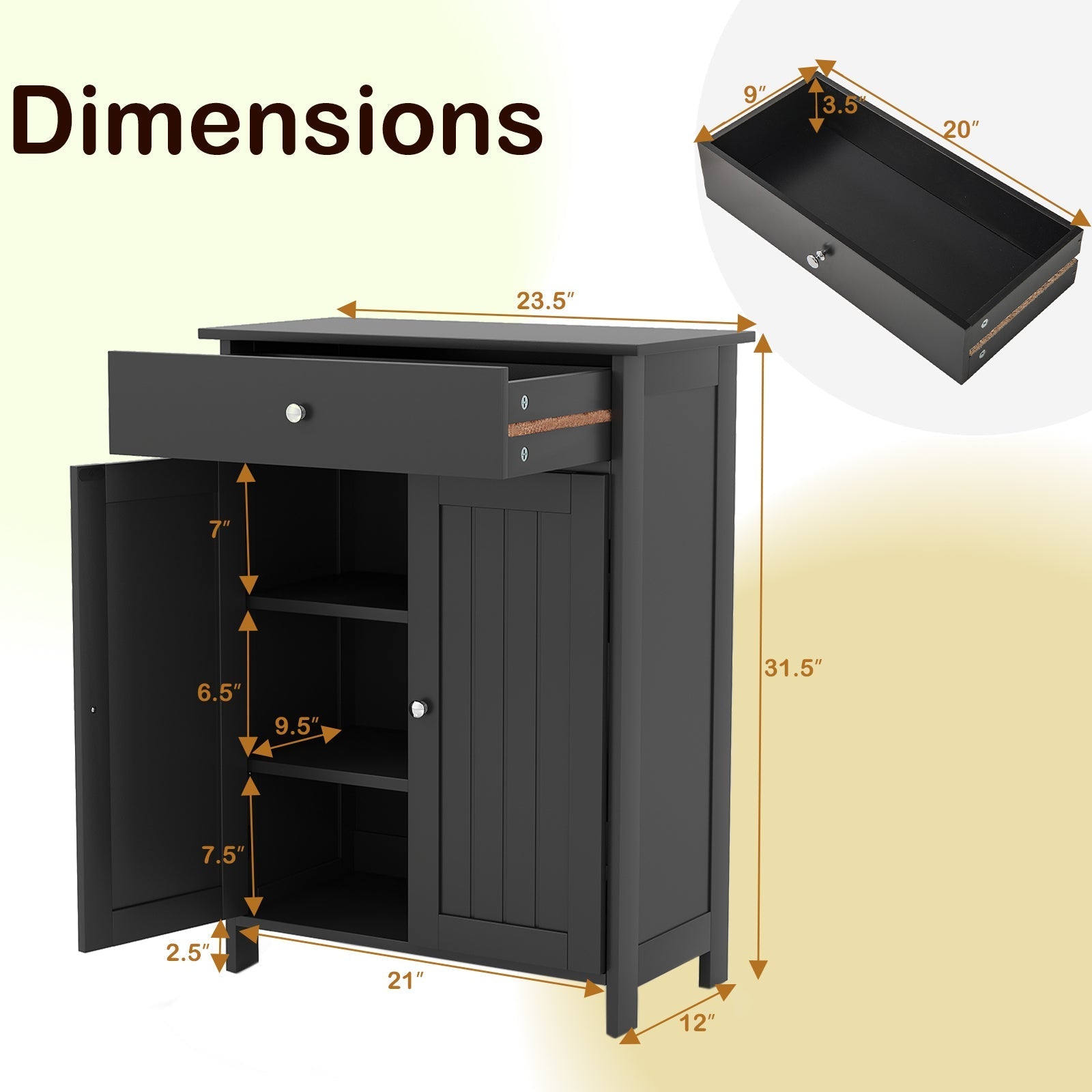 Bathroom Floor Cabinet Freestanding Storage Organizer with 2 Doors