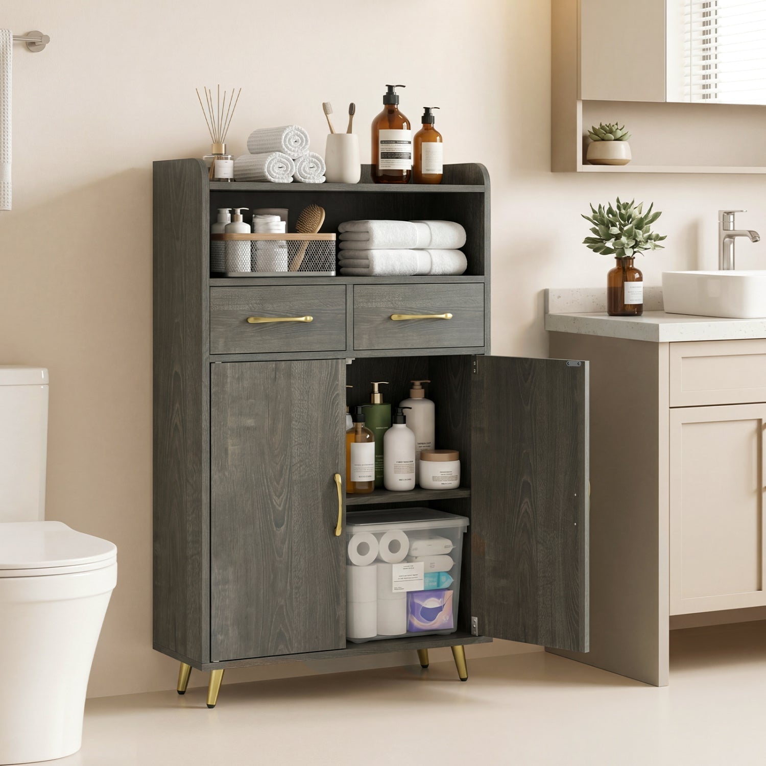 Freestanding Bathroom Storage Cabinet with 2 Drawers & Doors