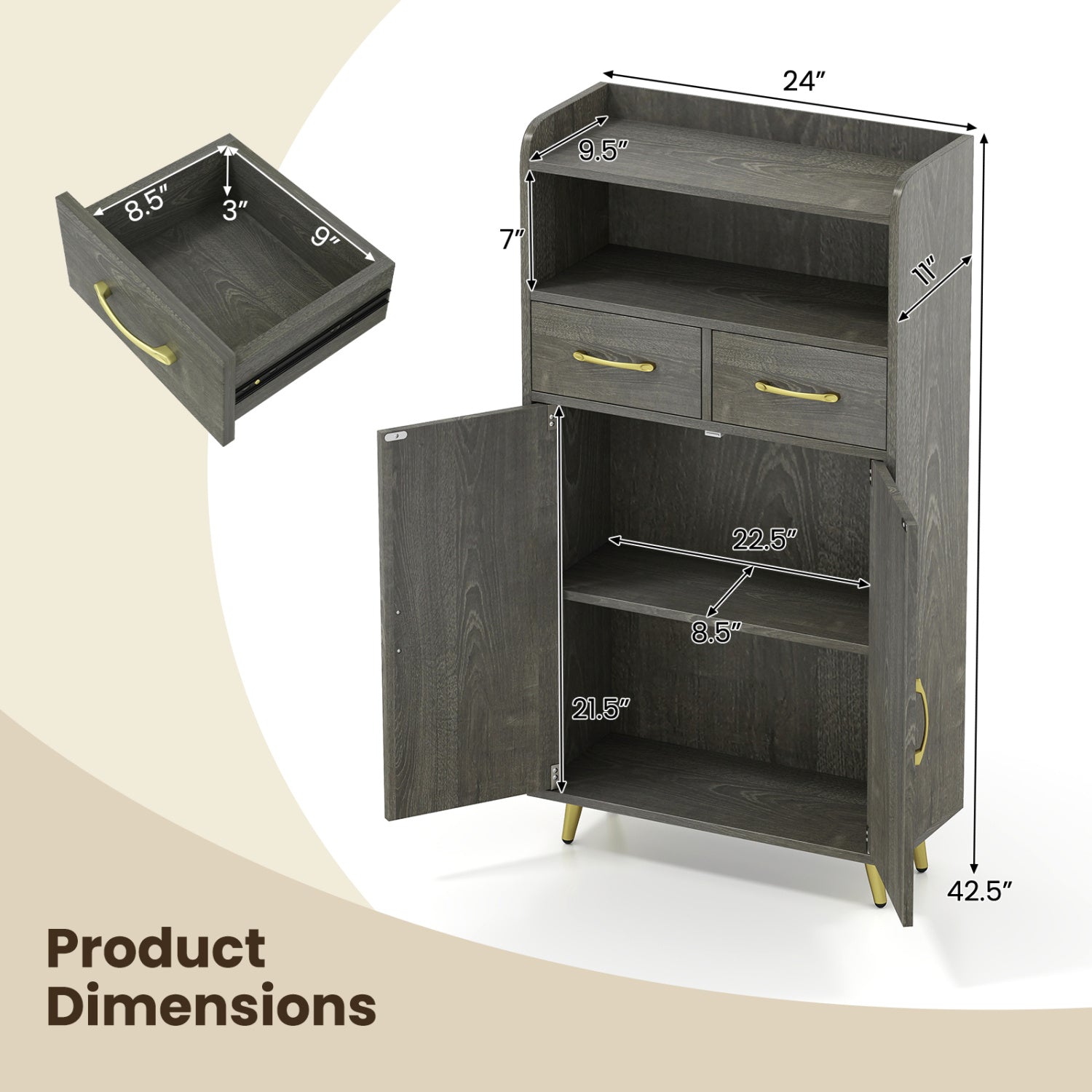 Freestanding Bathroom Storage Cabinet with 2 Drawers & Doors