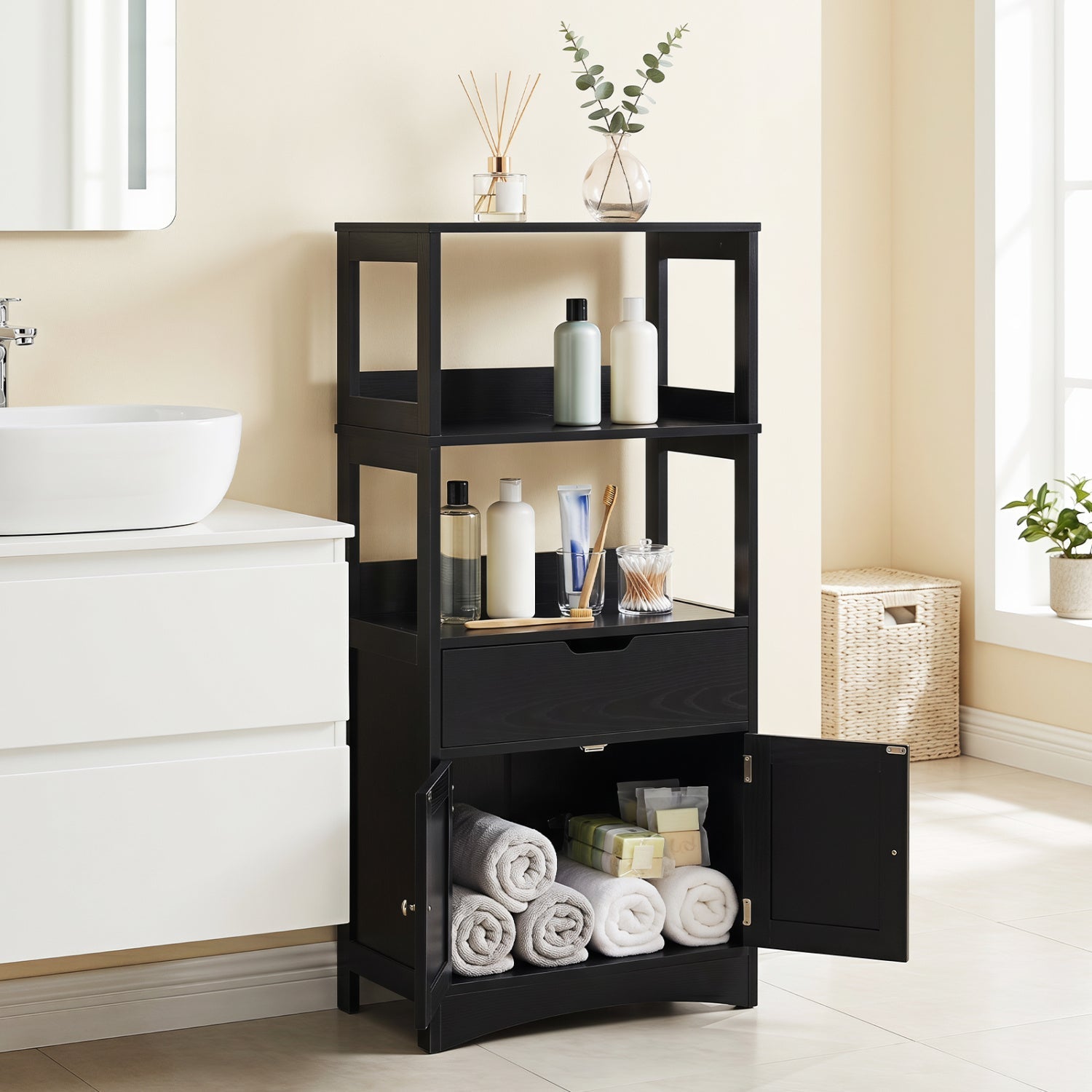 Bathroom Floor Cabinet with Open Shelves and Drawer