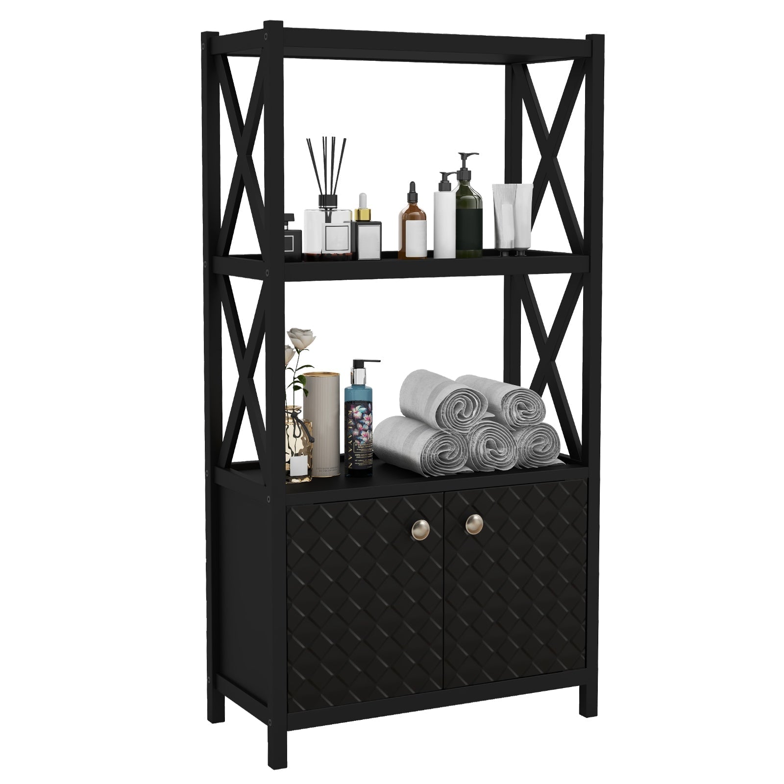 Bathroom Storage Cabinet with Open Shelves and Double Doors