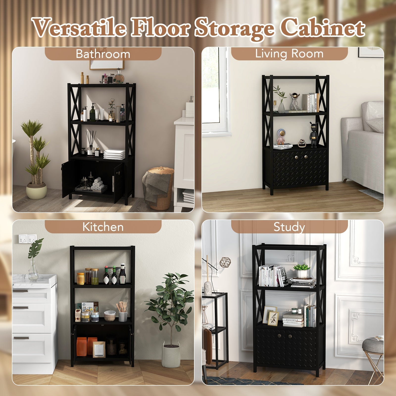 Bathroom Storage Cabinet with Open Shelves and Double Doors