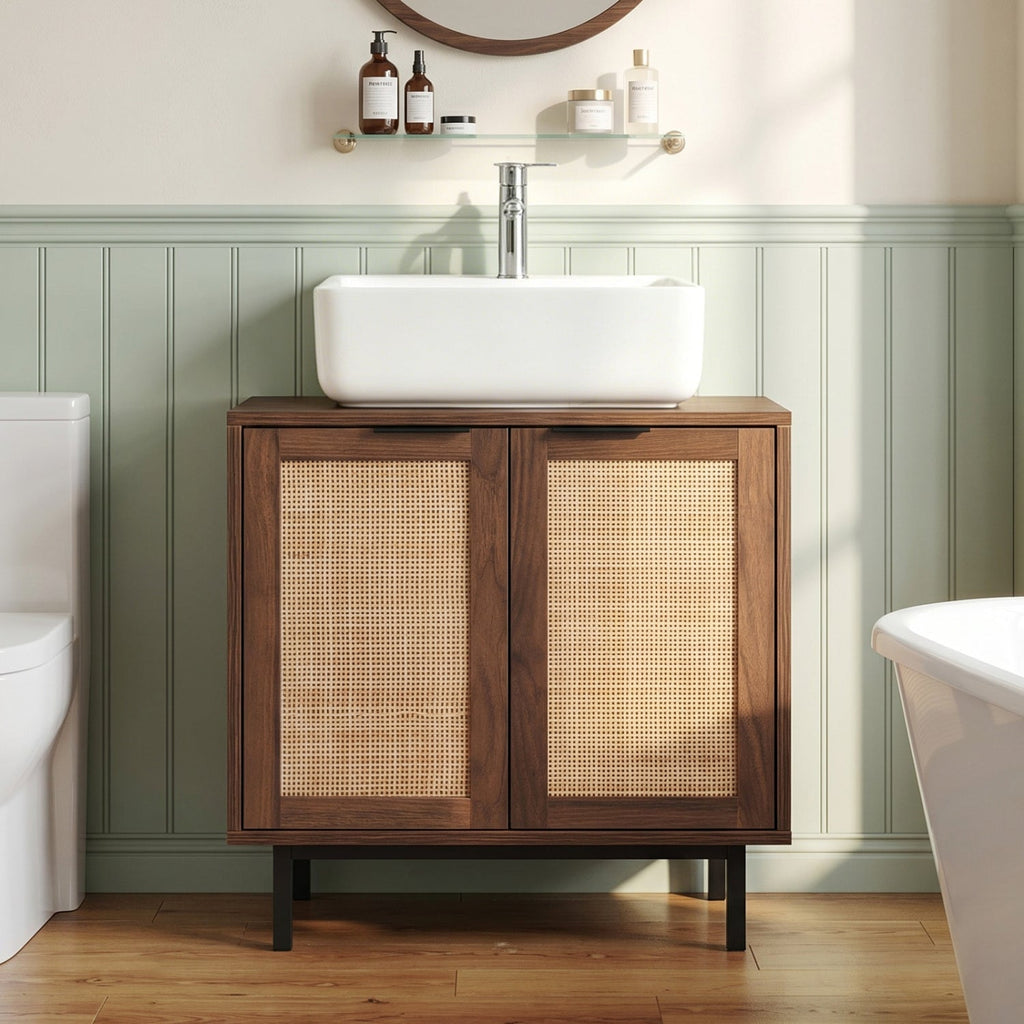 Bathroom Vanity Cabinet with Rattan Doors and U-Shaped Cut-Out