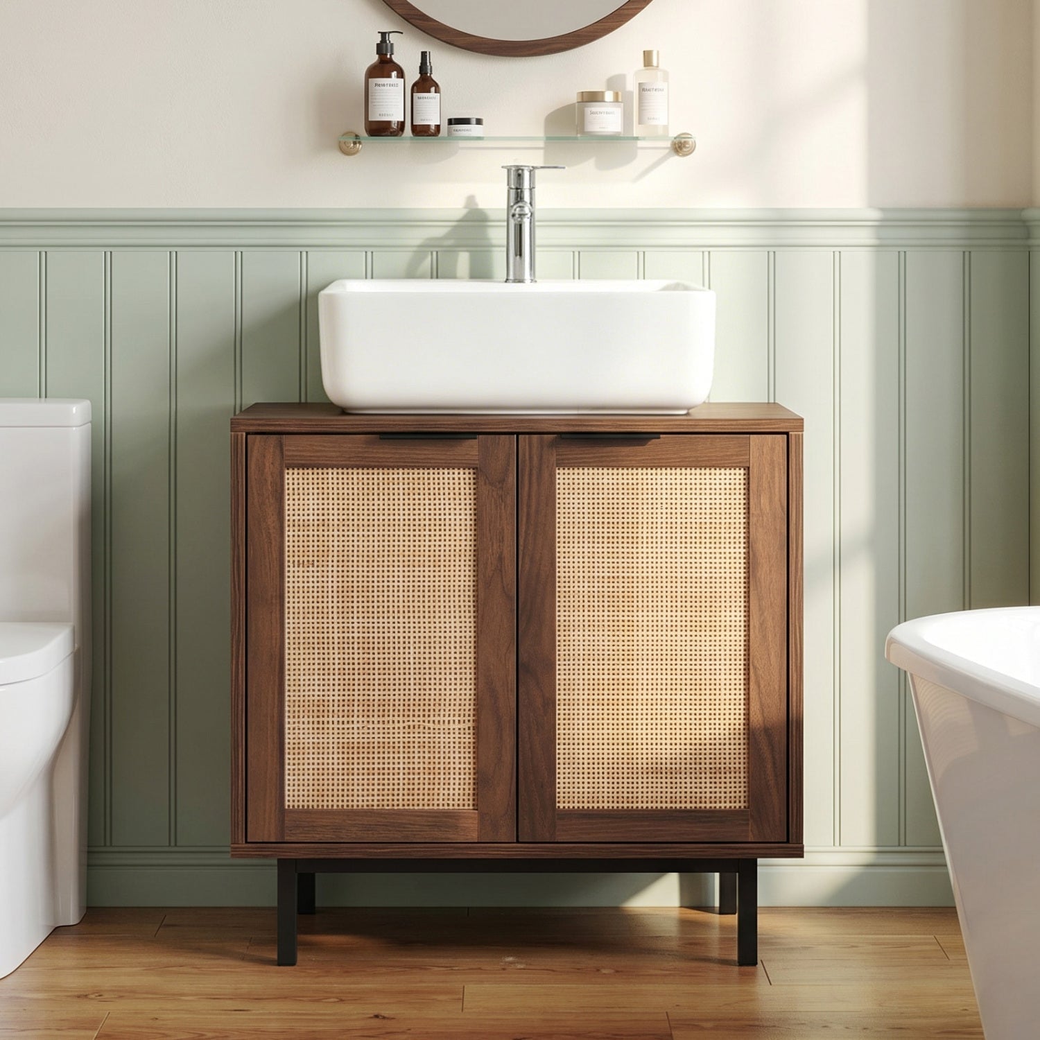 Bathroom Vanity Cabinet with Rattan Doors and U-Shaped Cut-Out