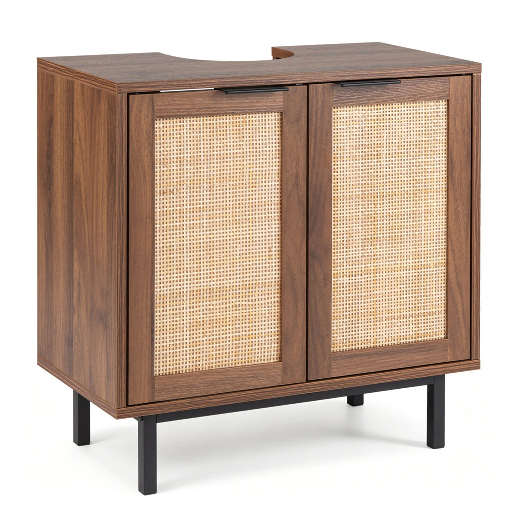 Bathroom Vanity Cabinet with Rattan Doors and U-Shaped Cut-Out