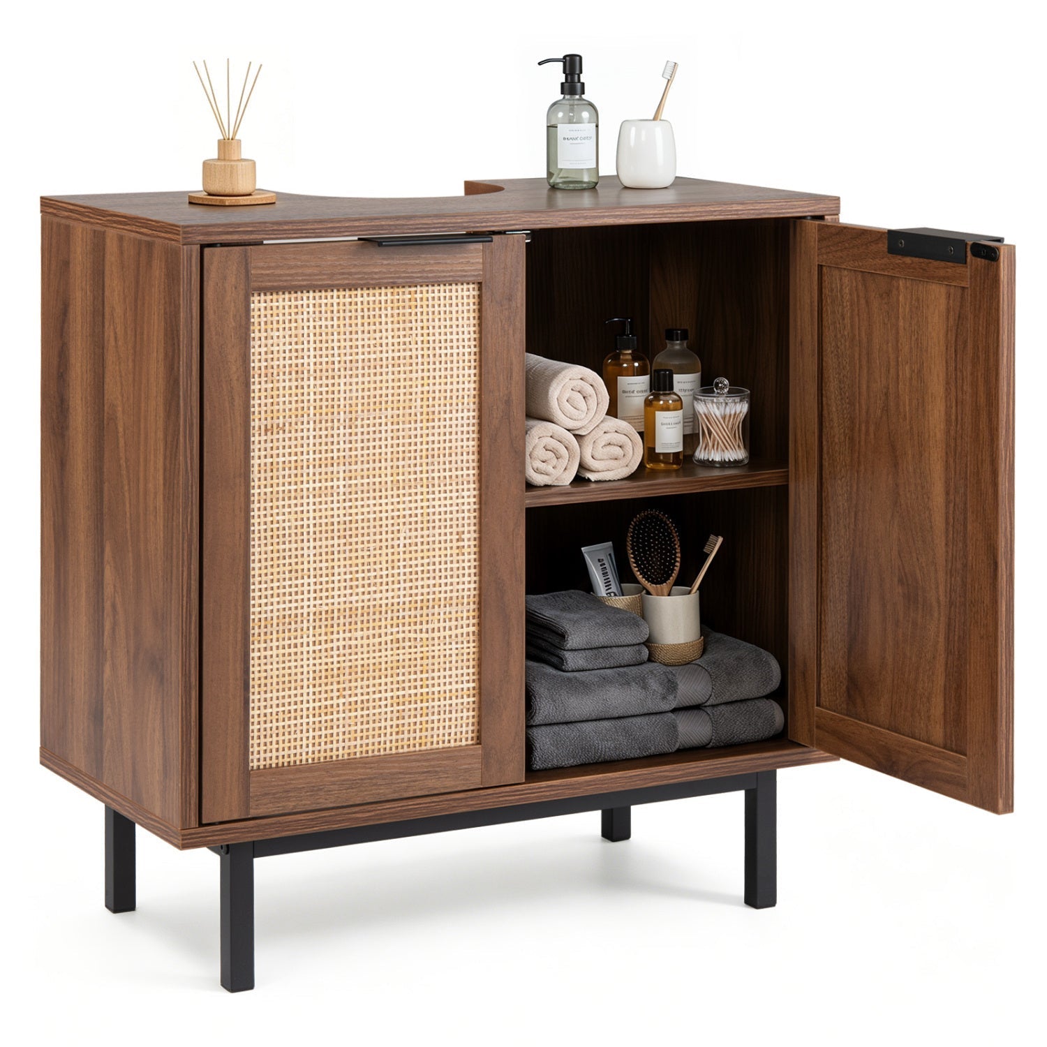 Bathroom Vanity Cabinet with Rattan Doors and U-Shaped Cut-Out