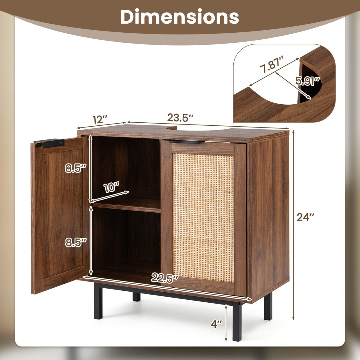 Bathroom Vanity Cabinet with Rattan Doors and U-Shaped Cut-Out