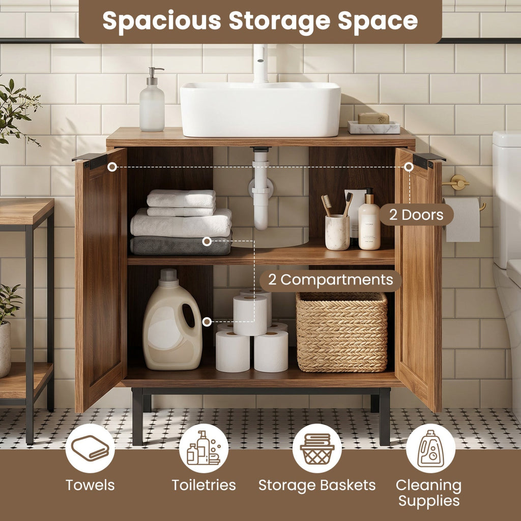 Bathroom Vanity Cabinet with Rattan Doors and U-Shaped Cut-Out