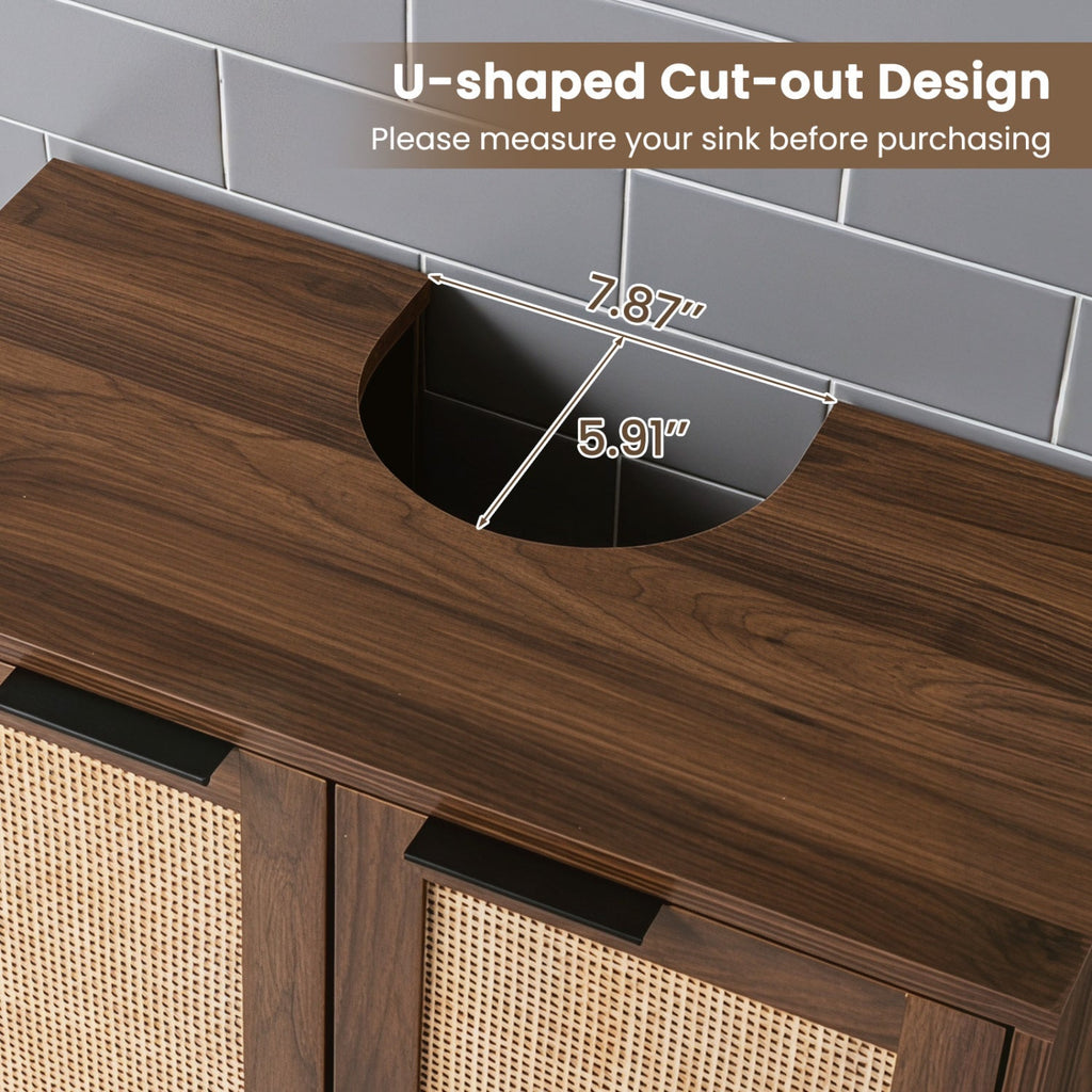 Bathroom Vanity Cabinet with Rattan Doors and U-Shaped Cut-Out