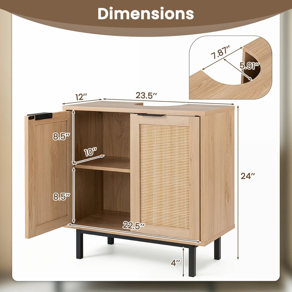 Bathroom Vanity Cabinet with Rattan Doors and U-Shaped Cut-Out