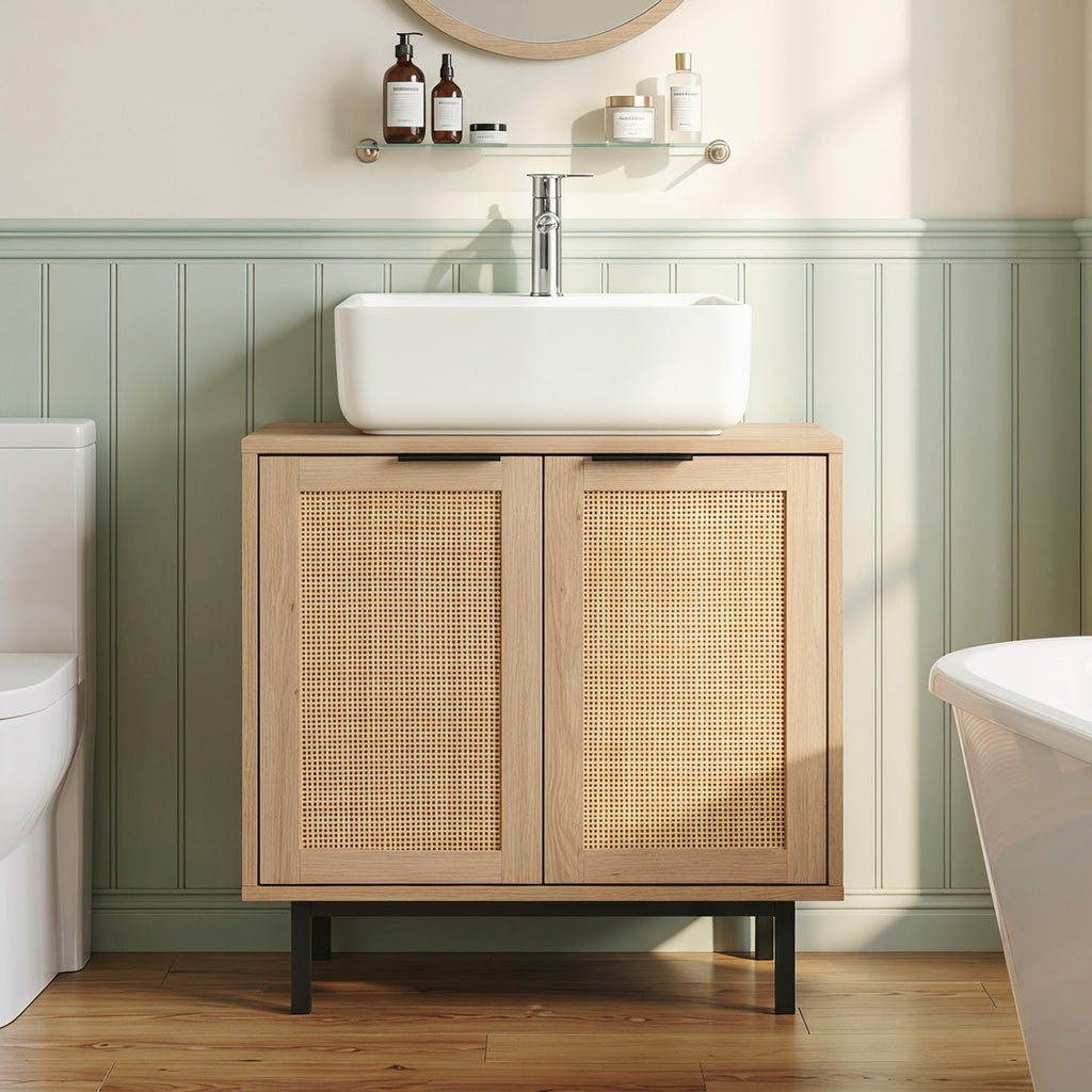 Bathroom Vanity Cabinet with Rattan Doors and U-Shaped Cut-Out