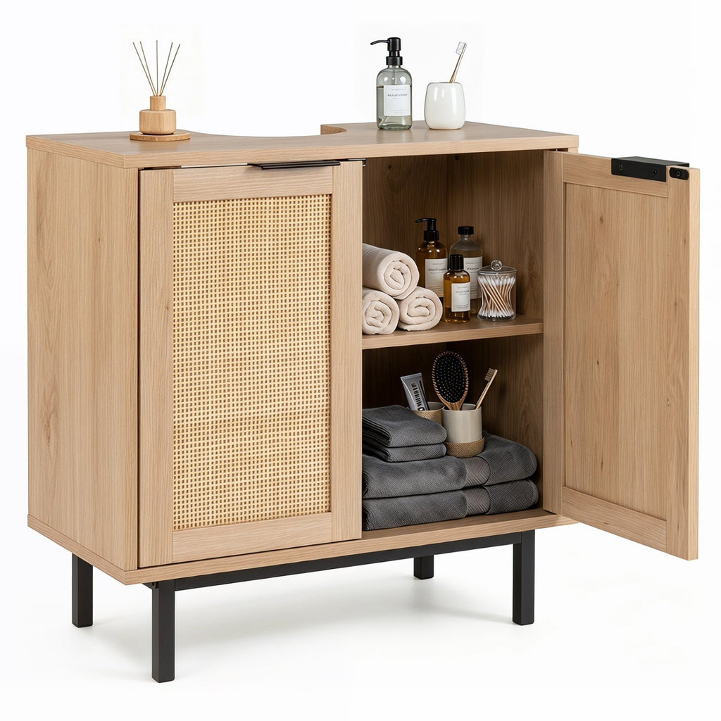 Bathroom Vanity Cabinet with Rattan Doors and U-Shaped Cut-Out