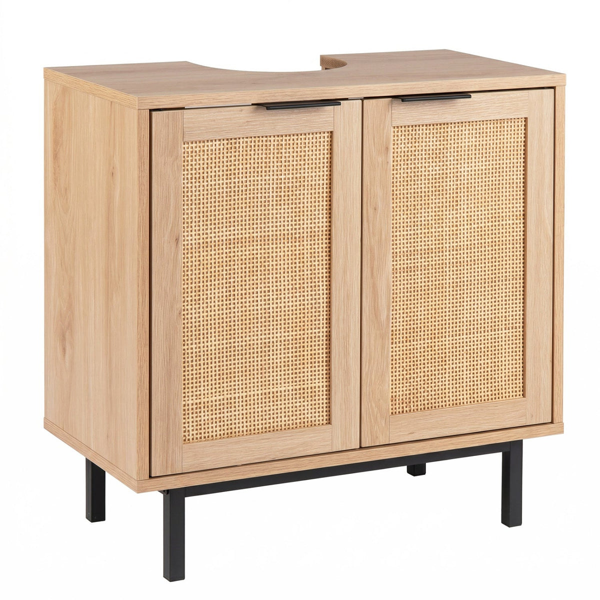 Bathroom Vanity Cabinet with Rattan Doors and U-Shaped Cut-Out