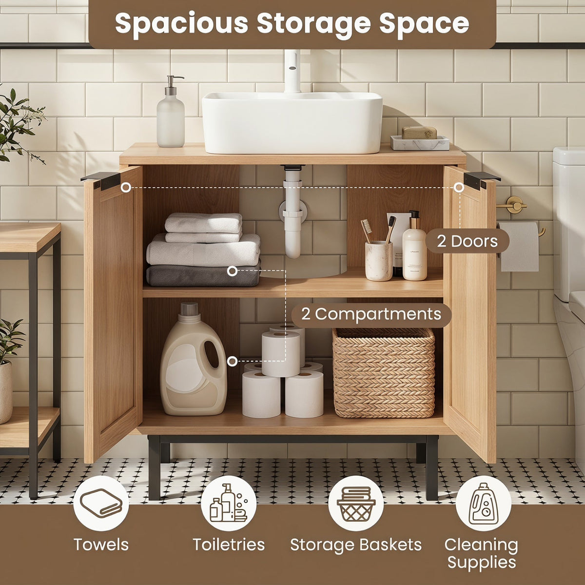 Bathroom Vanity Cabinet with Rattan Doors and U-Shaped Cut-Out