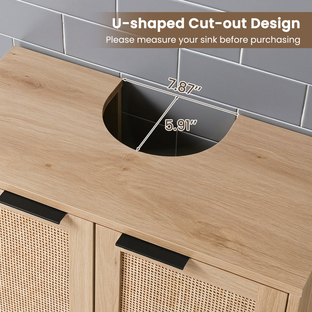 Bathroom Vanity Cabinet with Rattan Doors and U-Shaped Cut-Out