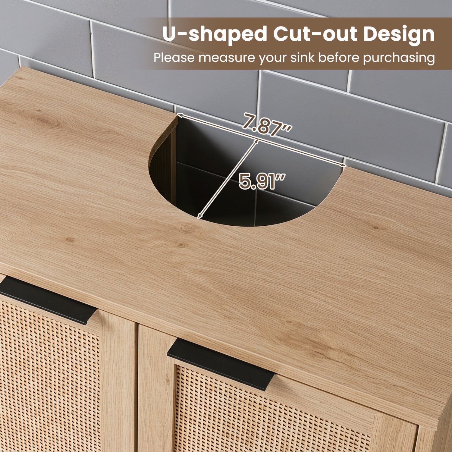Bathroom Vanity Cabinet with Rattan Doors and U-Shaped Cut-Out