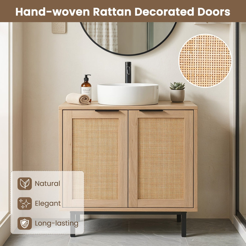 Bathroom Vanity Cabinet with Rattan Doors and U-Shaped Cut-Out