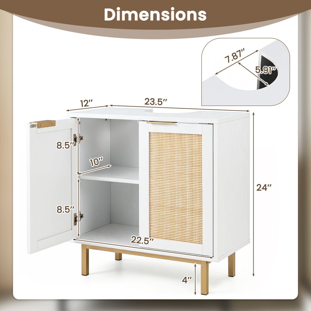 Bathroom Vanity Cabinet with Rattan Doors and U-Shaped Cut-Out