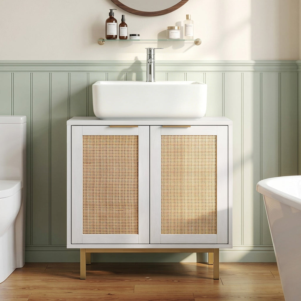 Bathroom Vanity Cabinet with Rattan Doors and U-Shaped Cut-Out