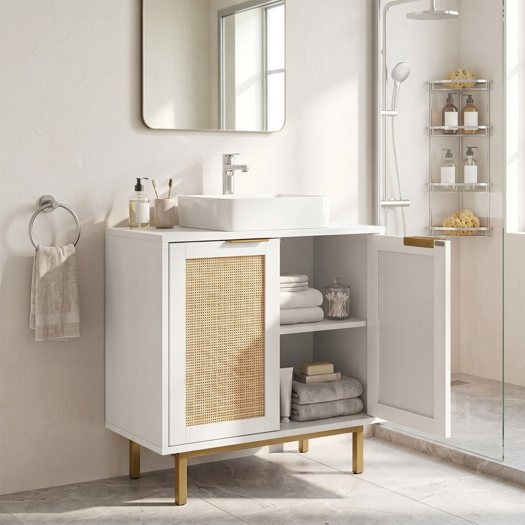 Bathroom Vanity Cabinet with Rattan Doors and U-Shaped Cut-Out