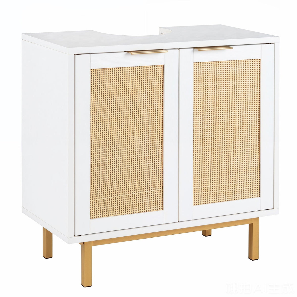 Bathroom Vanity Cabinet with Rattan Doors and U-Shaped Cut-Out