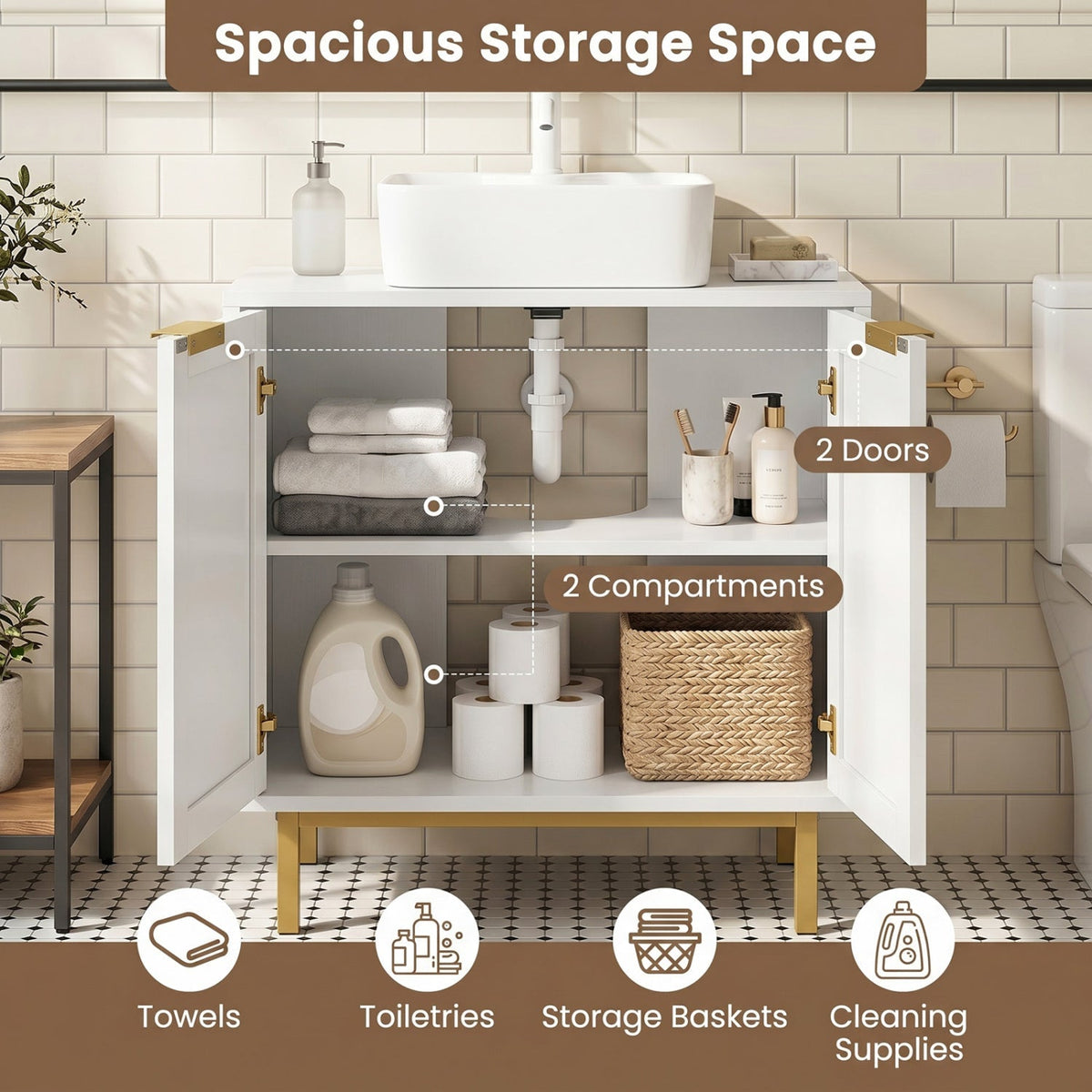 Bathroom Vanity Cabinet with Rattan Doors and U-Shaped Cut-Out