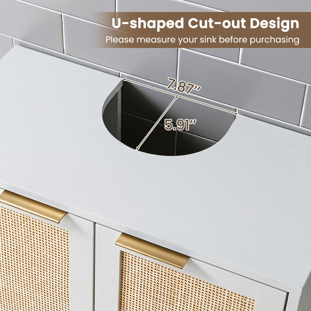 Bathroom Vanity Cabinet with Rattan Doors and U-Shaped Cut-Out