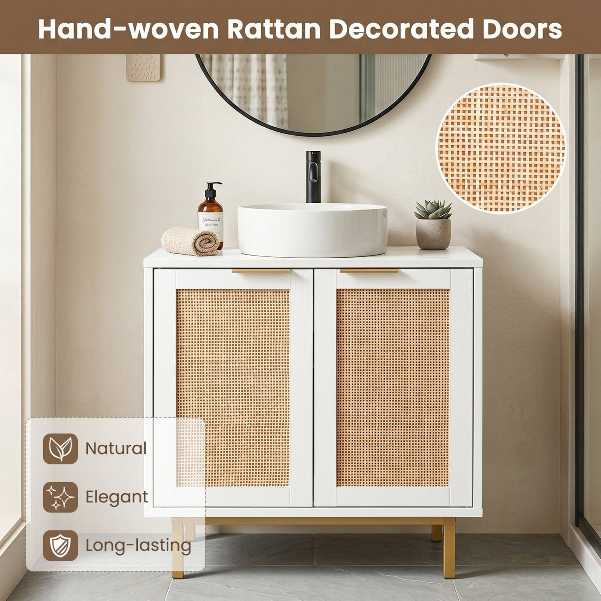 Bathroom Vanity Cabinet with Rattan Doors and U-Shaped Cut-Out
