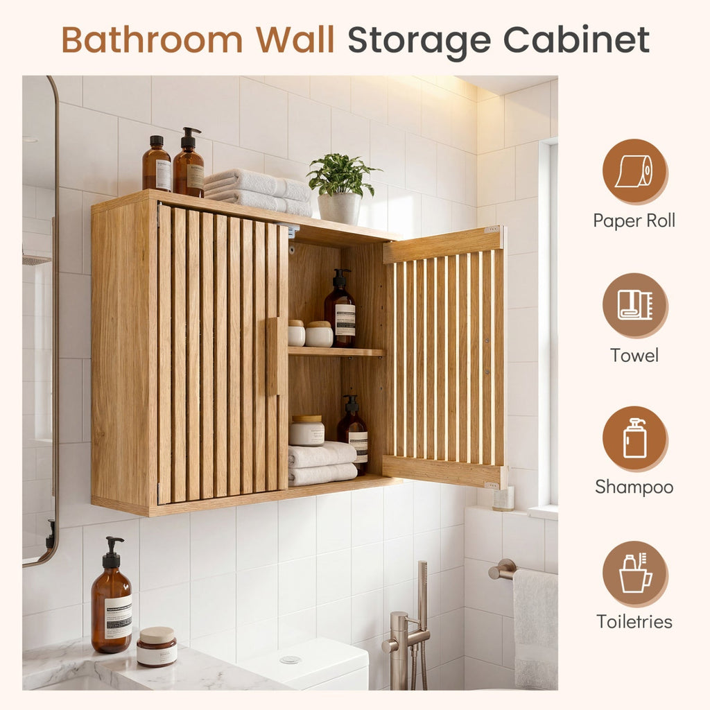 Bathroom Wall Cabinet with 2 Slatted Doors and 3-Level Adjustable Shelves