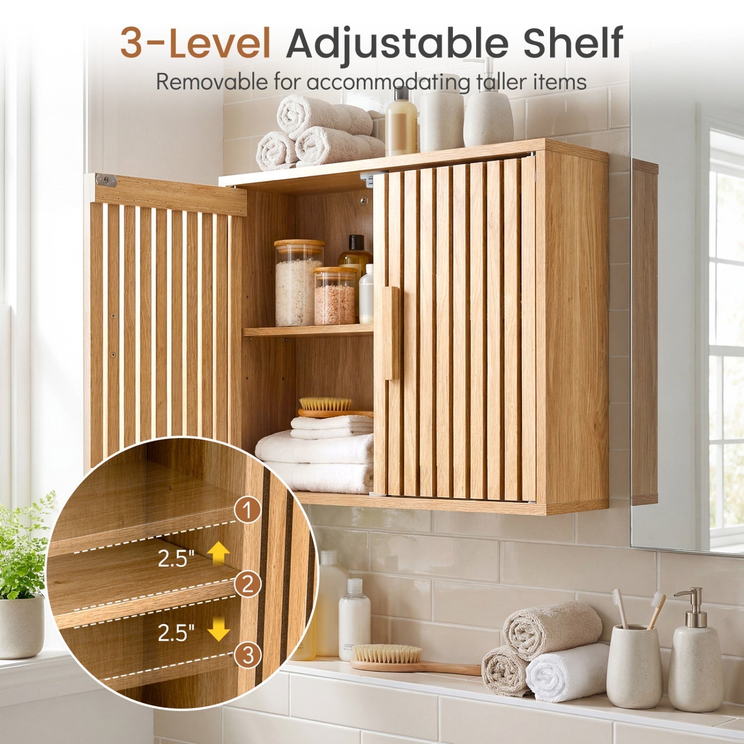 Bathroom Wall Cabinet with 2 Slatted Doors and 3-Level Adjustable Shelves