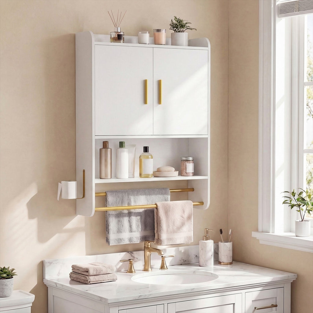 Wall Mounted Bathroom Cabinet with Towel Bars and Adjustable Shelf
