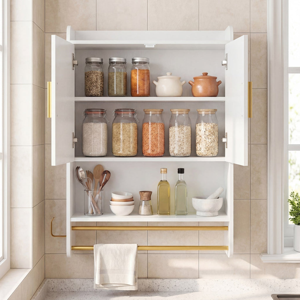 Wall Mounted Bathroom Cabinet with Towel Bars and Adjustable Shelf