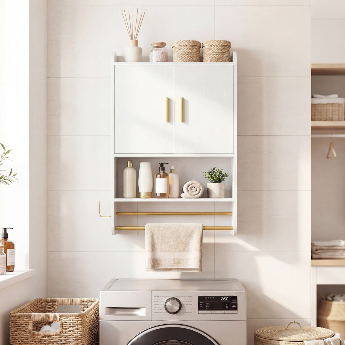 Wall Mounted Bathroom Cabinet with Towel Bars and Adjustable Shelf