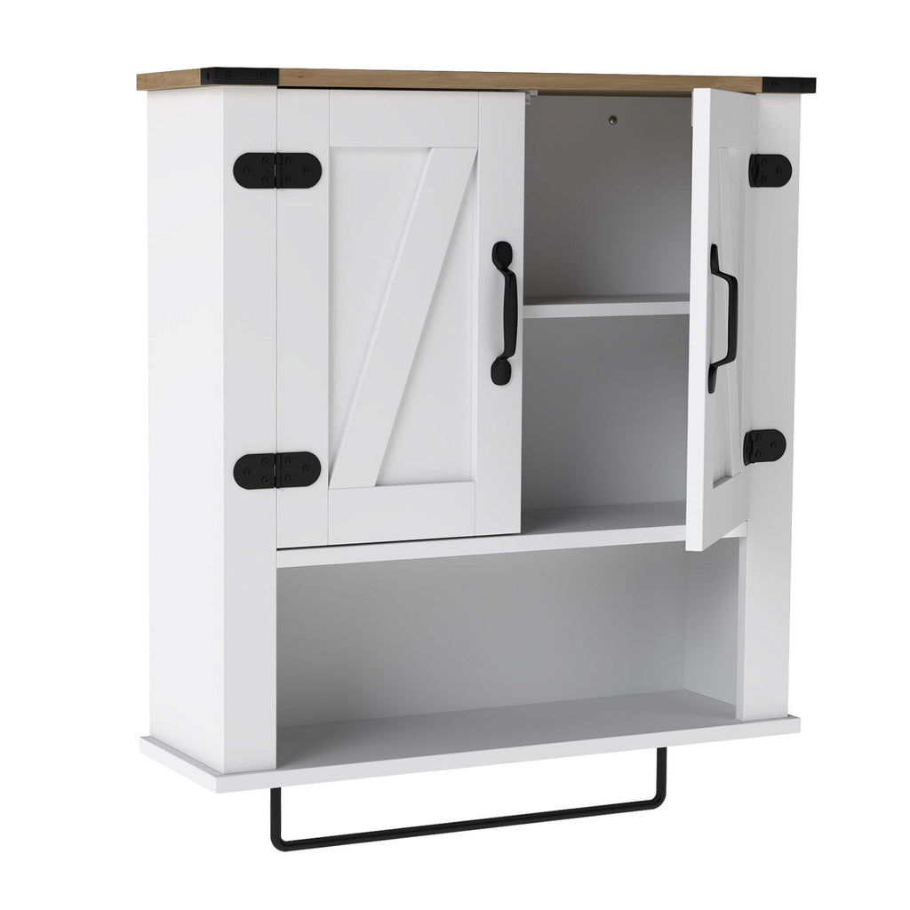 Farmhouse Bathroom Wall Cabinet with Towel Bar - White