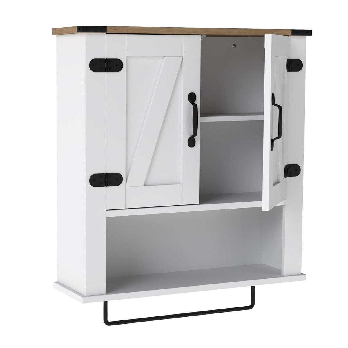 Farmhouse Bathroom Wall Cabinet with Towel Bar - White