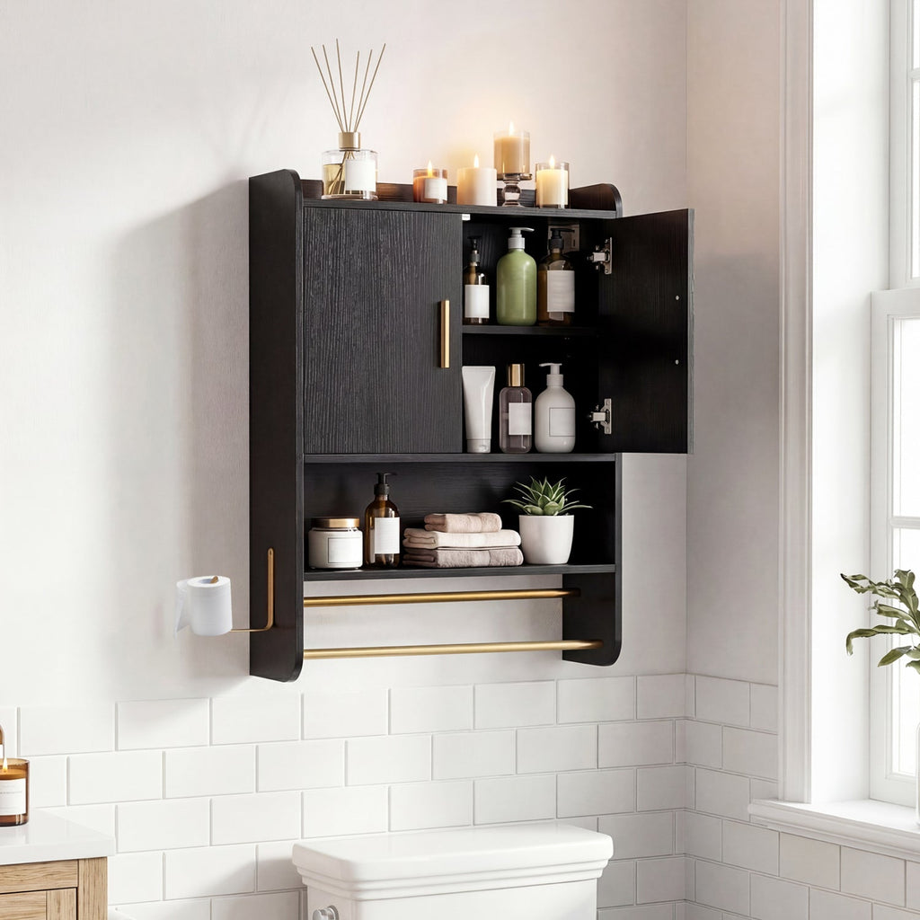 Wall Mounted Bathroom Cabinet with Towel Bars - Black