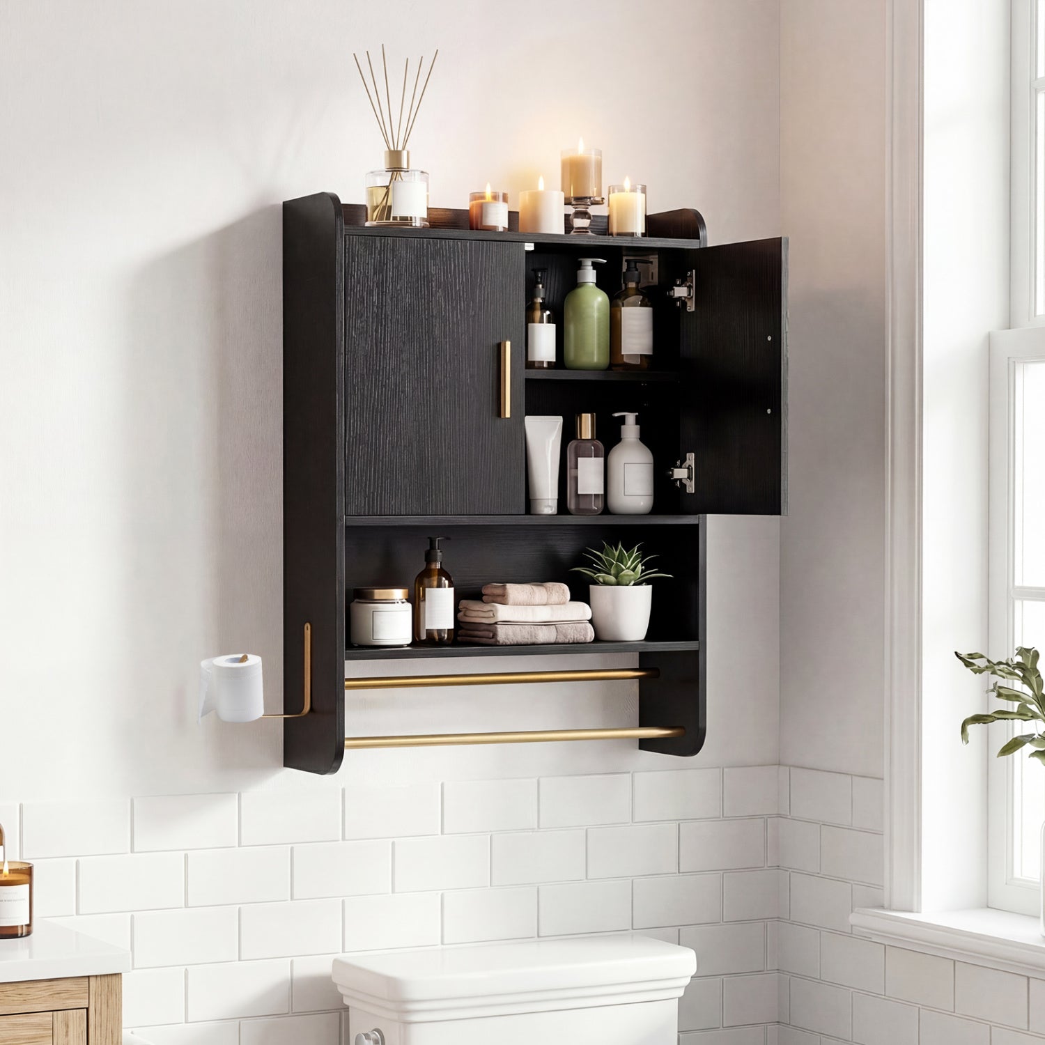 Wall Mounted Bathroom Cabinet with Towel Bars - Black