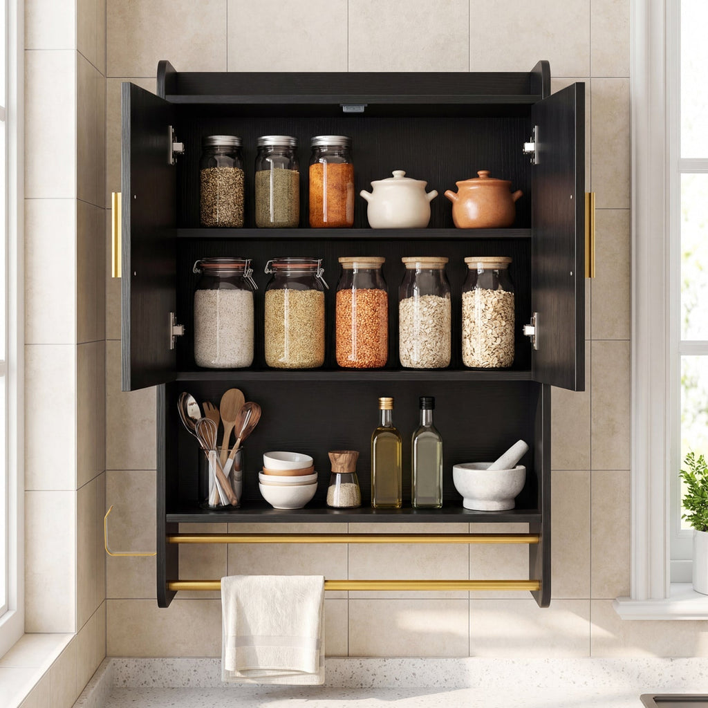 Wall Mounted Bathroom Cabinet with Towel Bars - Black