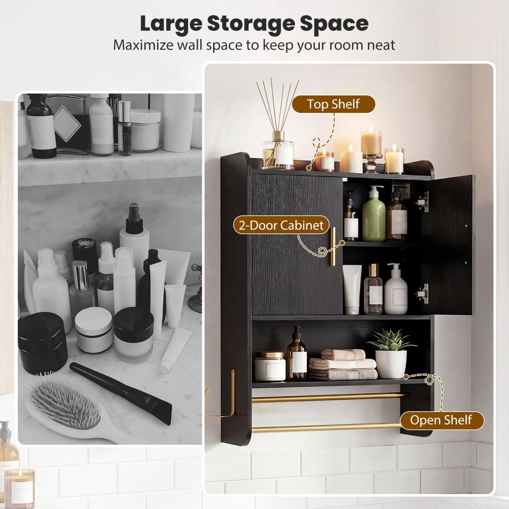 Wall Mounted Bathroom Cabinet with Towel Bars - Black