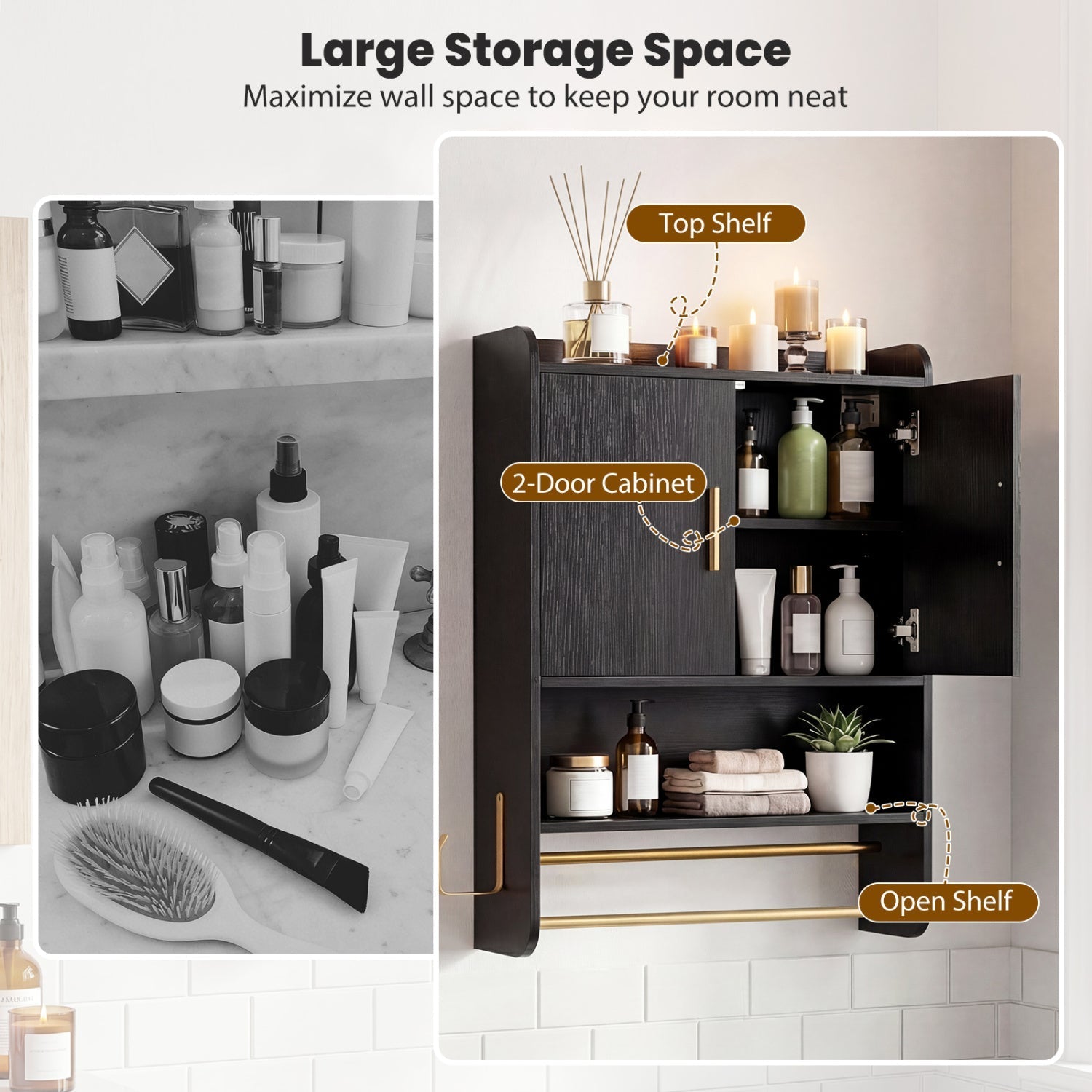 Wall Mounted Bathroom Cabinet with Towel Bars - Black
