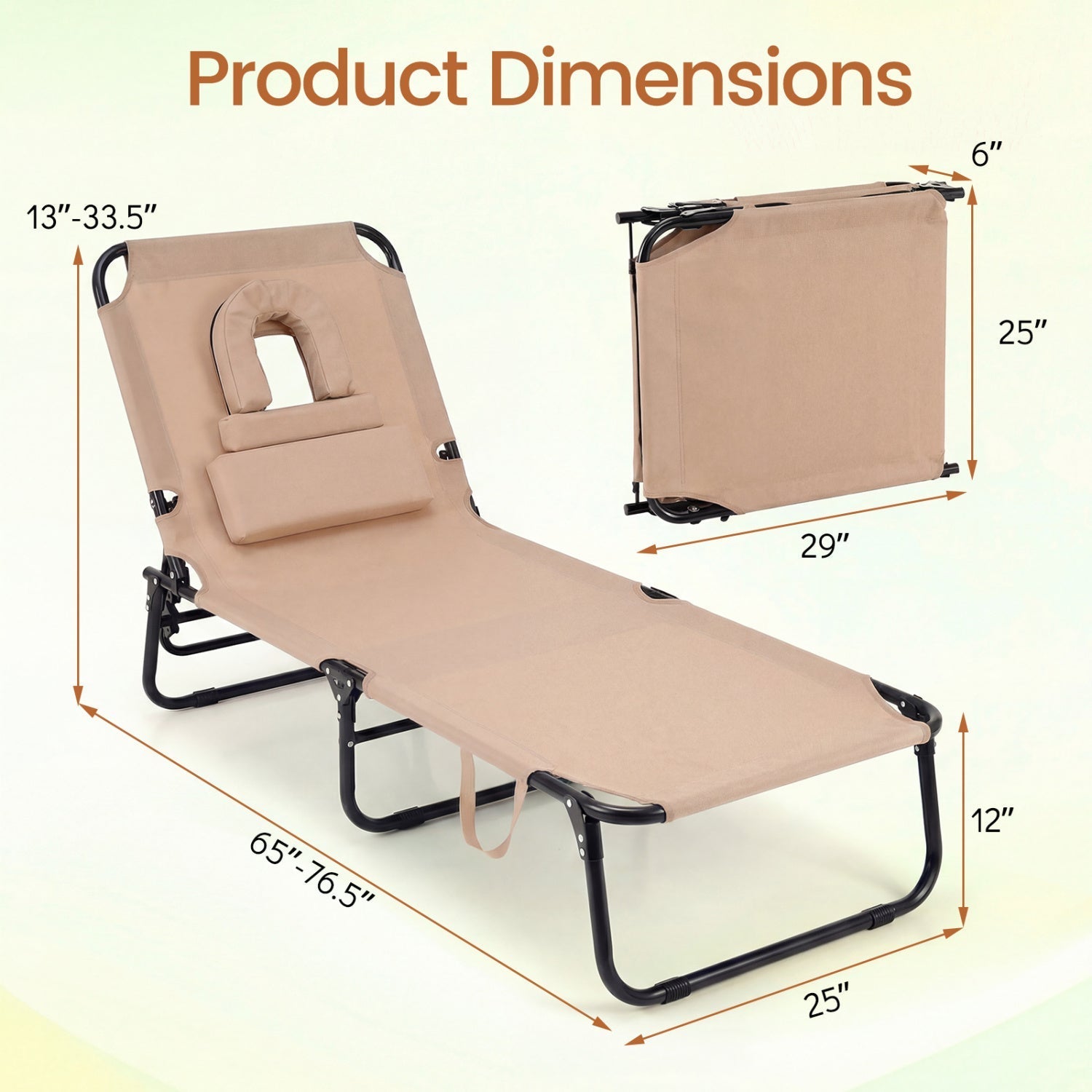 Beach Chaise Lounge Chair with Face Hole and Removable Pillow