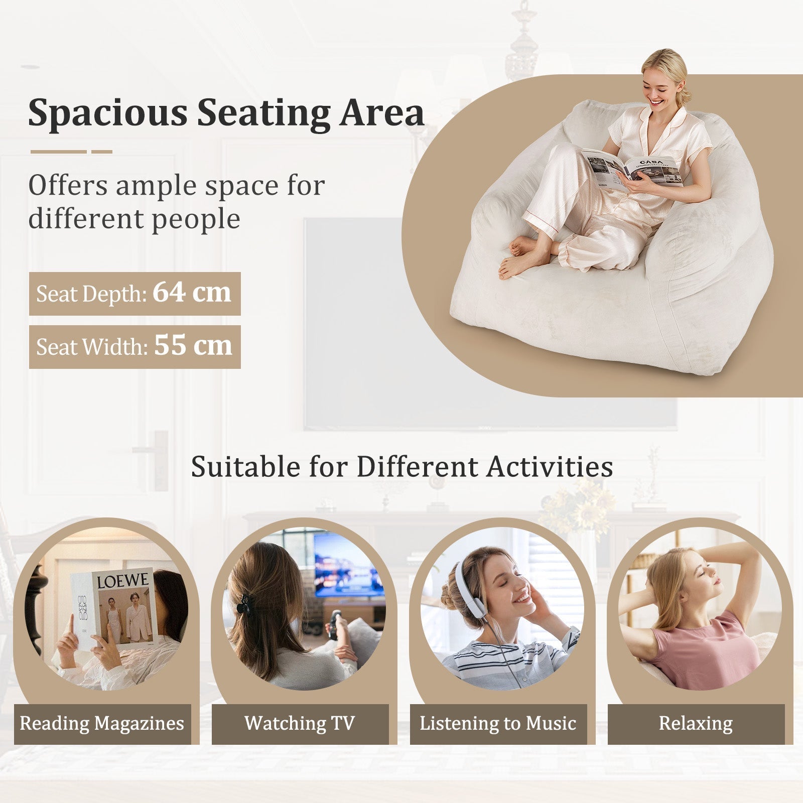 Bean Bag Chair Plush Lazy Sofa with Ultra-soft Velvet Cover-Beige